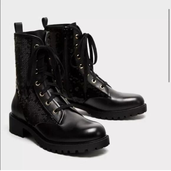 Zara Black Leather Sequined Lace Up Boots Size 6 US - Picture 2 of 15